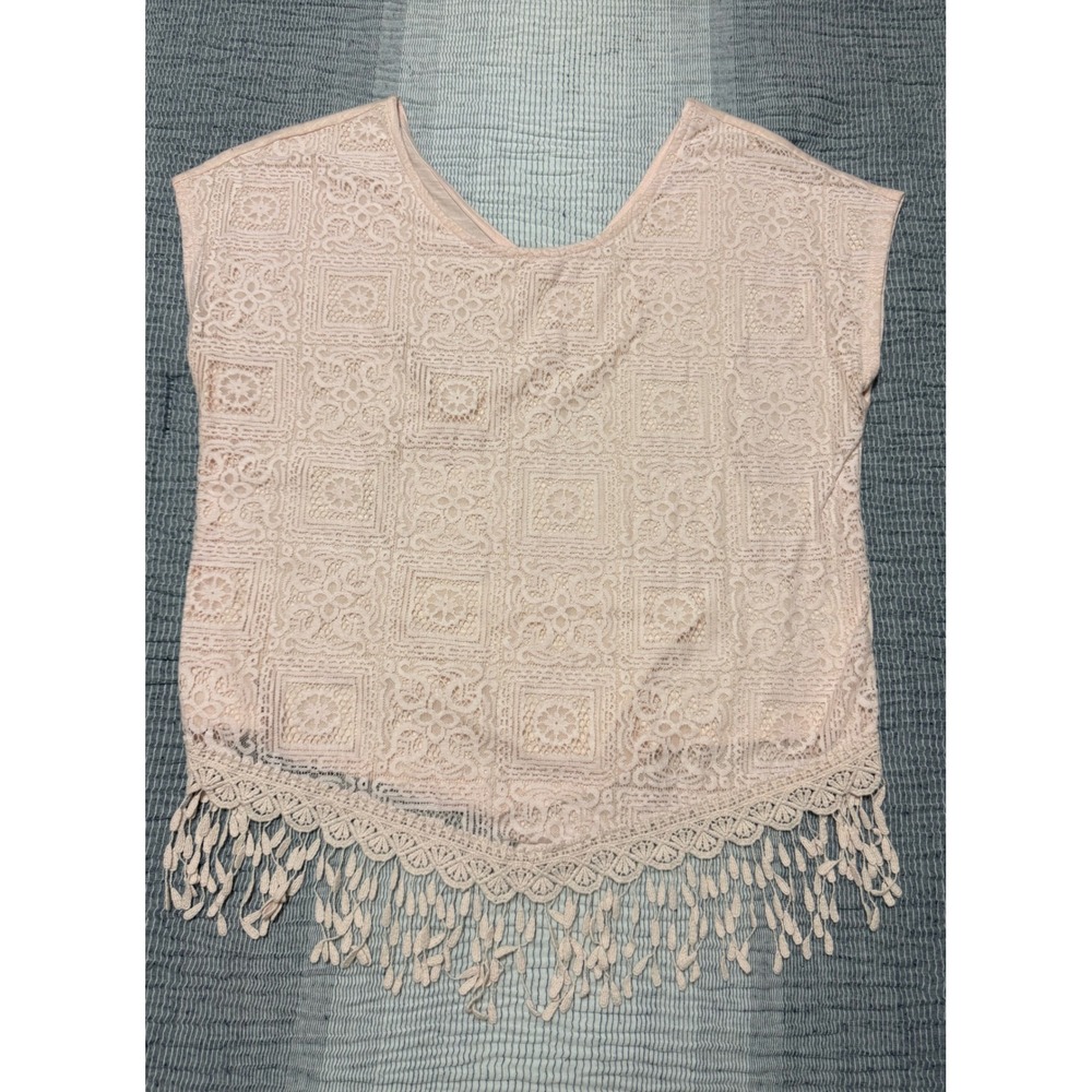 Cato Womens M Coquette Lace Top Peach Pink Overlay Fringe Tassel‎ Short Sleeve